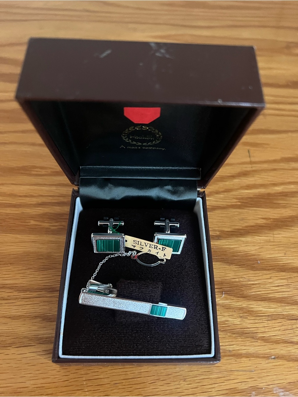 Silver-Tone Cufflinks & Tie Bar Set with Green Inlay